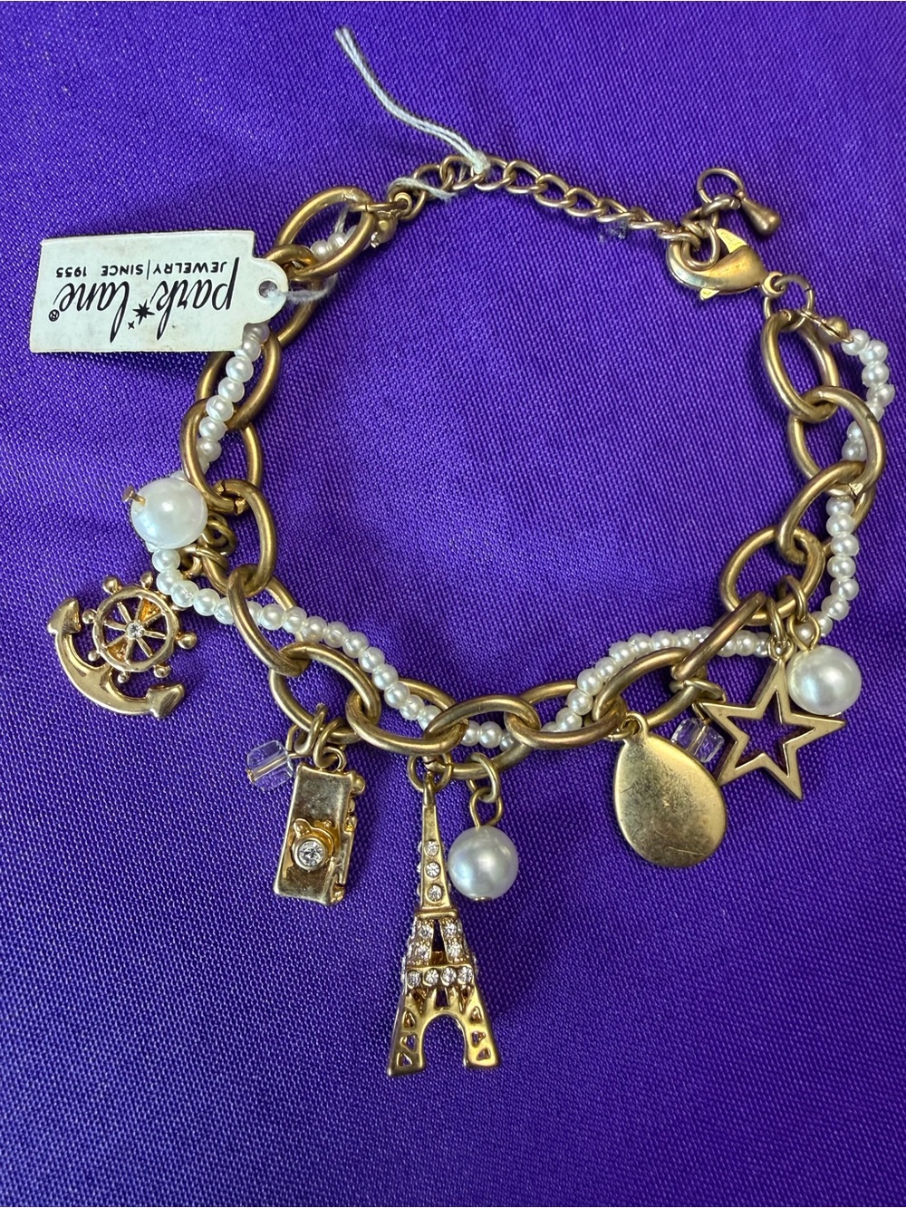 Park Lane Paris Eiffel Tower Gold Tone Pearl Charm Bracelet New With Tags